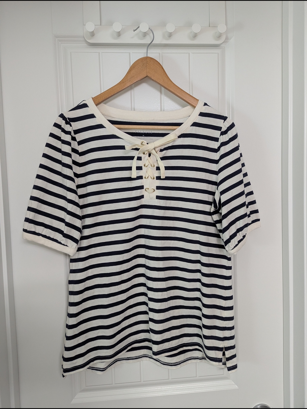 Talbots Navy and Cream Striped Lace-Up Short Sleeve Top